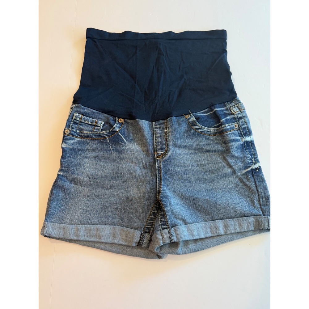 Haute Mama Maternity Denim Shorts Blue Jean Full Belly Panel Cuffed Size Small